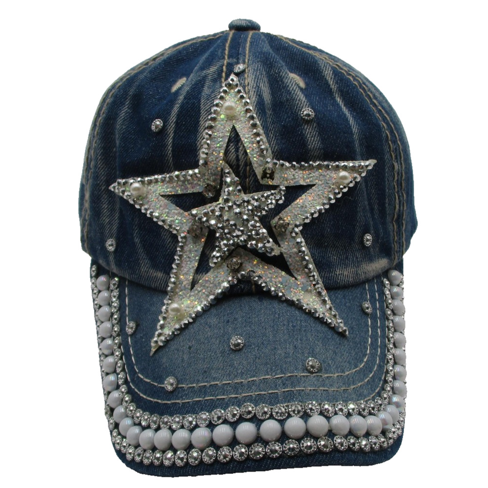 Rhinestone Star Hat Cap Strap Back Blue Denim Beaded Pearl Adjustable Womens